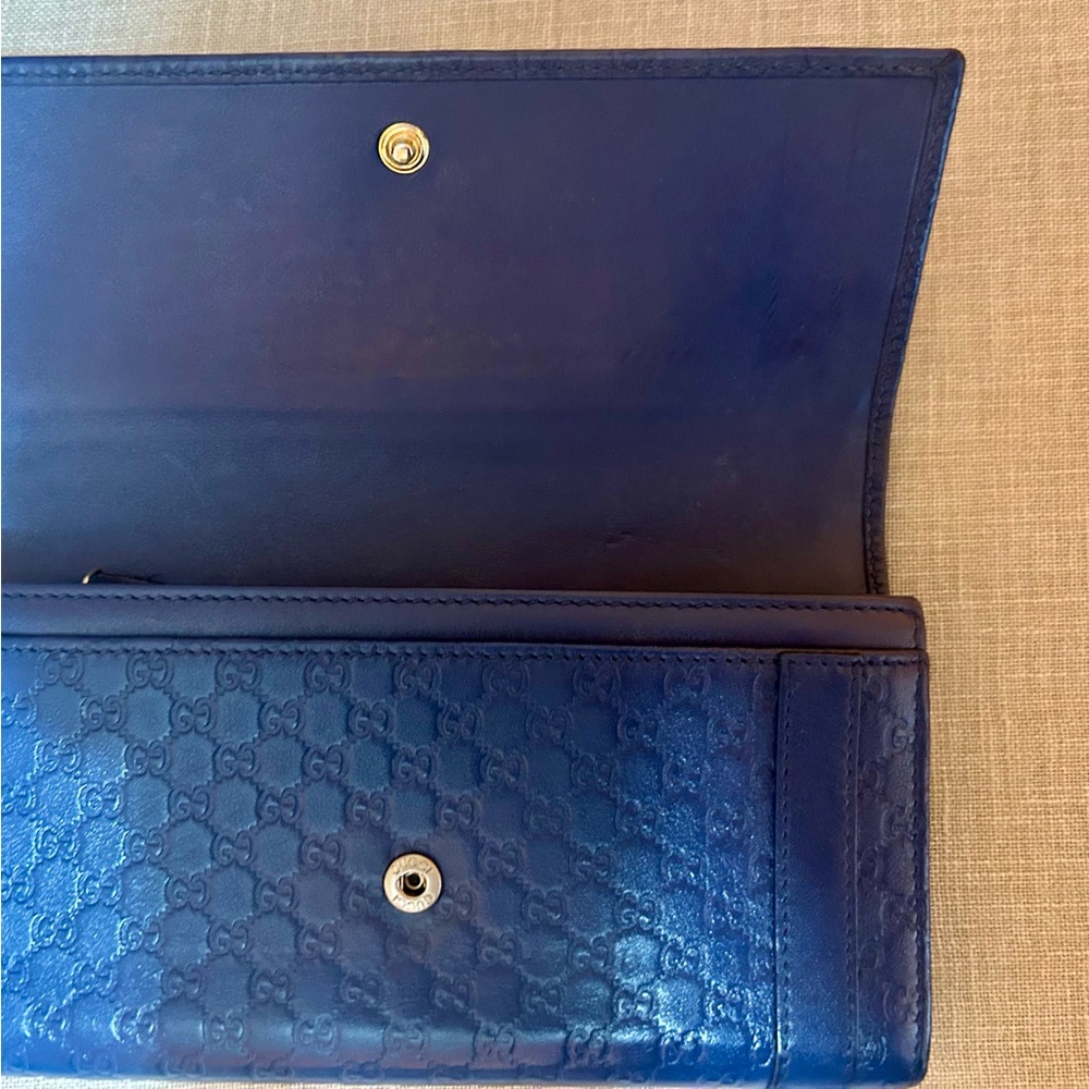 Blue MicroGuccissima Long Wallet with Clasp and Interior Zip
